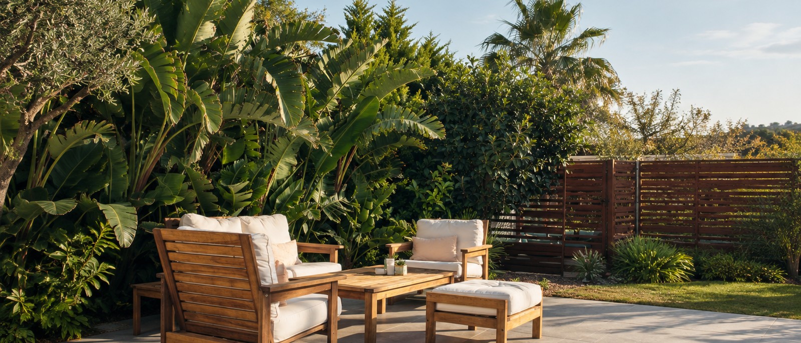 Sala de exterior em madeira com vedação, assentos e mesa de apoio rodeados de verde