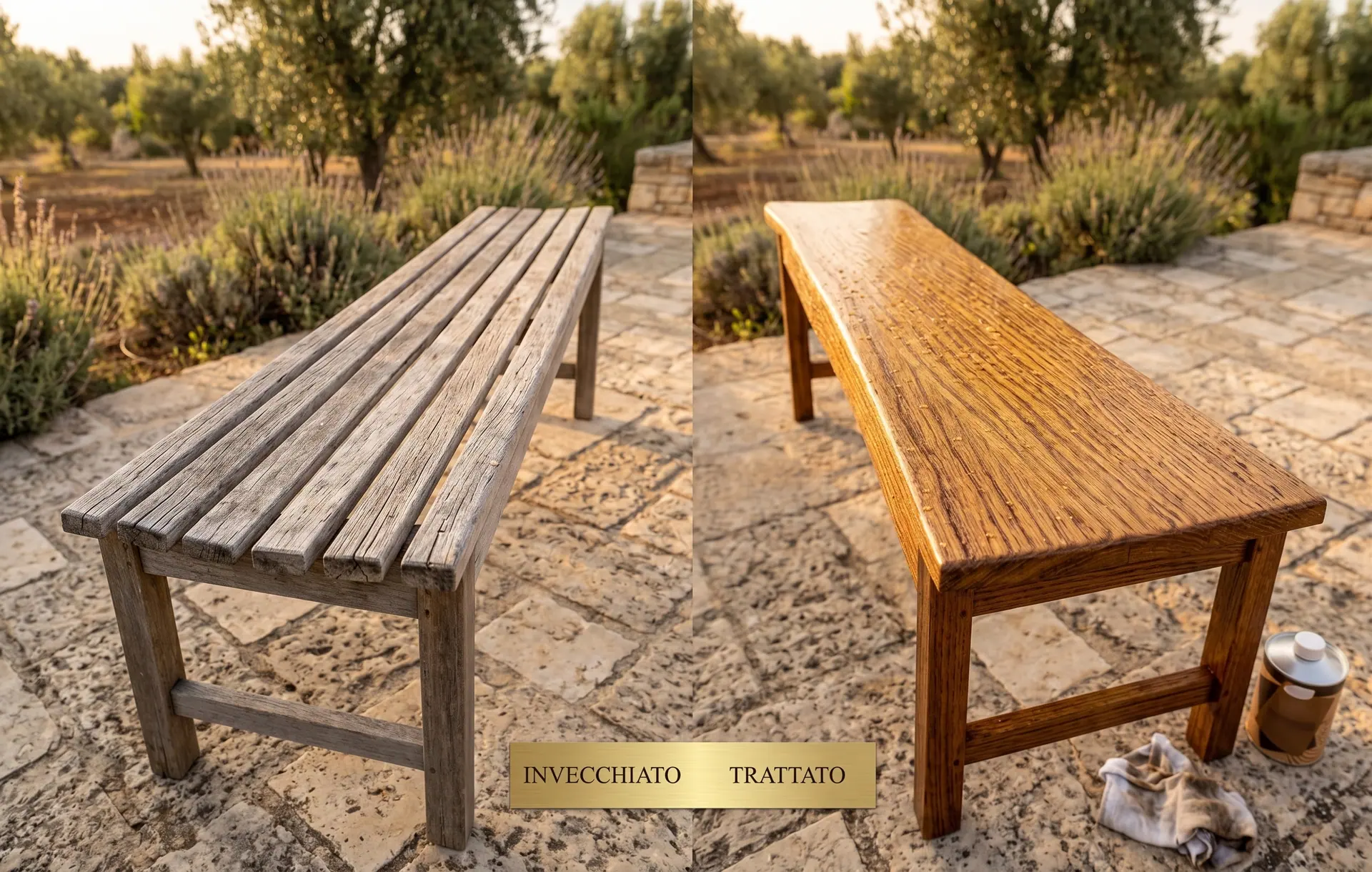 Dittico con le didascalie stampate dentro l'immagine — INVECCHIATO e TRATTATO — che affianca la stessa panca da giardino prima e dopo il trattamento