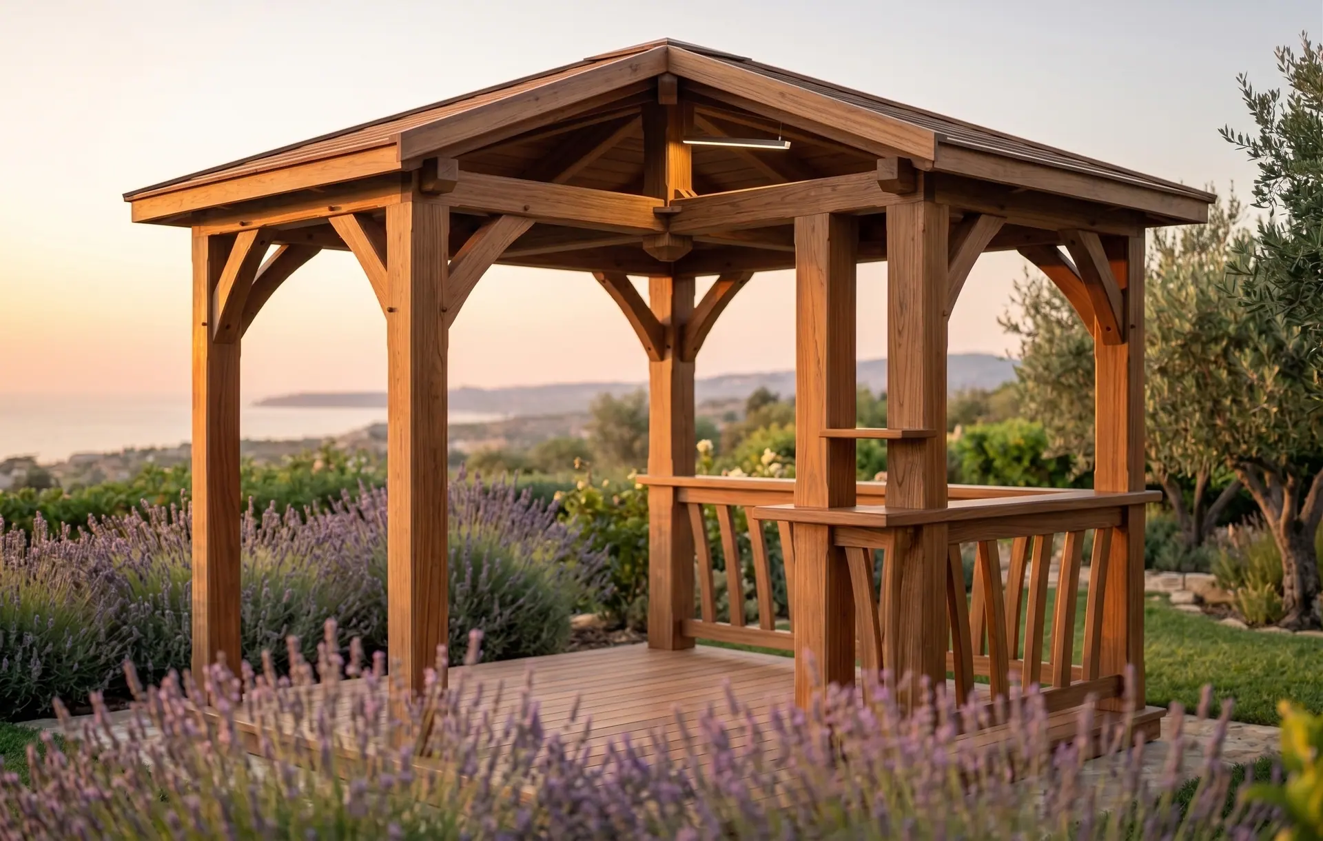 O gazebo de madeira visto por inteiro, num jardim de lavanda, ao pôr do sol