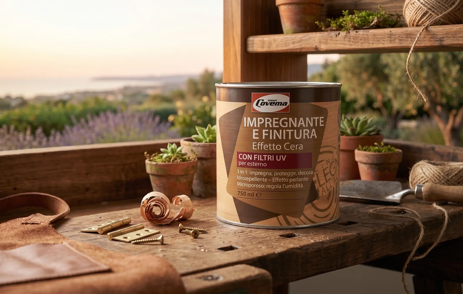Die Dose der Impregnante e Finitura Effetto Cera auf einem Gartenregal zwischen Töpfen mit Sukkulenten