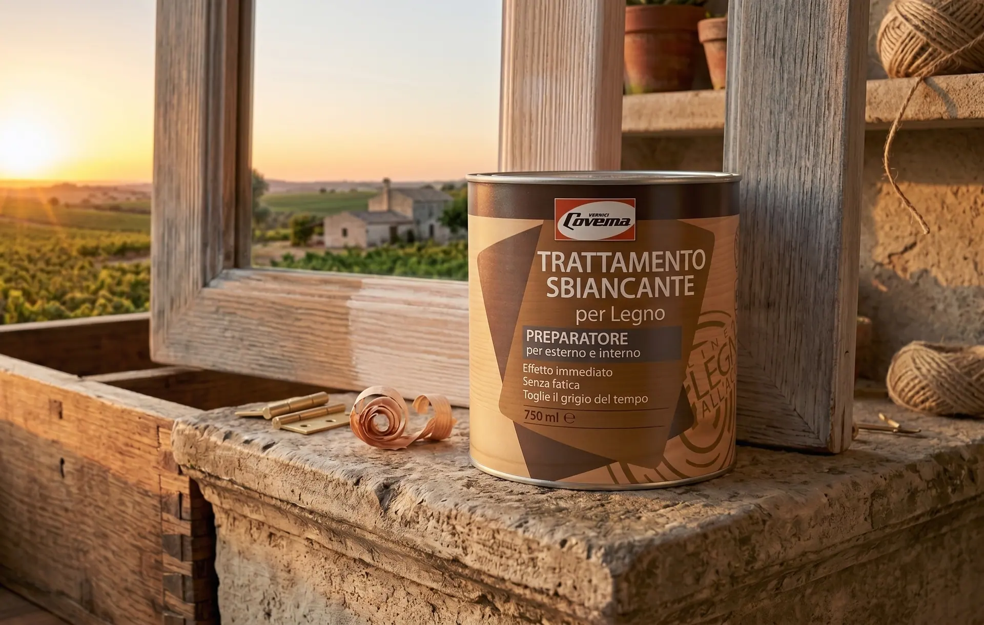 Die Dose des Trattamento Sbiancante per Legno auf einer Fensterbank aus Holz, mit der Landschaft bei Sonnenuntergang im Hintergrund