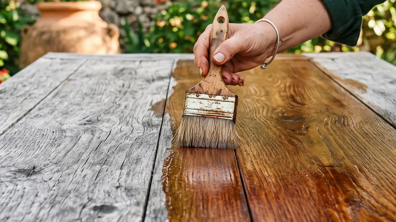 Un pinceau remet à neuf le plateau grisé d'une table d'extérieur : la lame traitée redevient brune et satinée