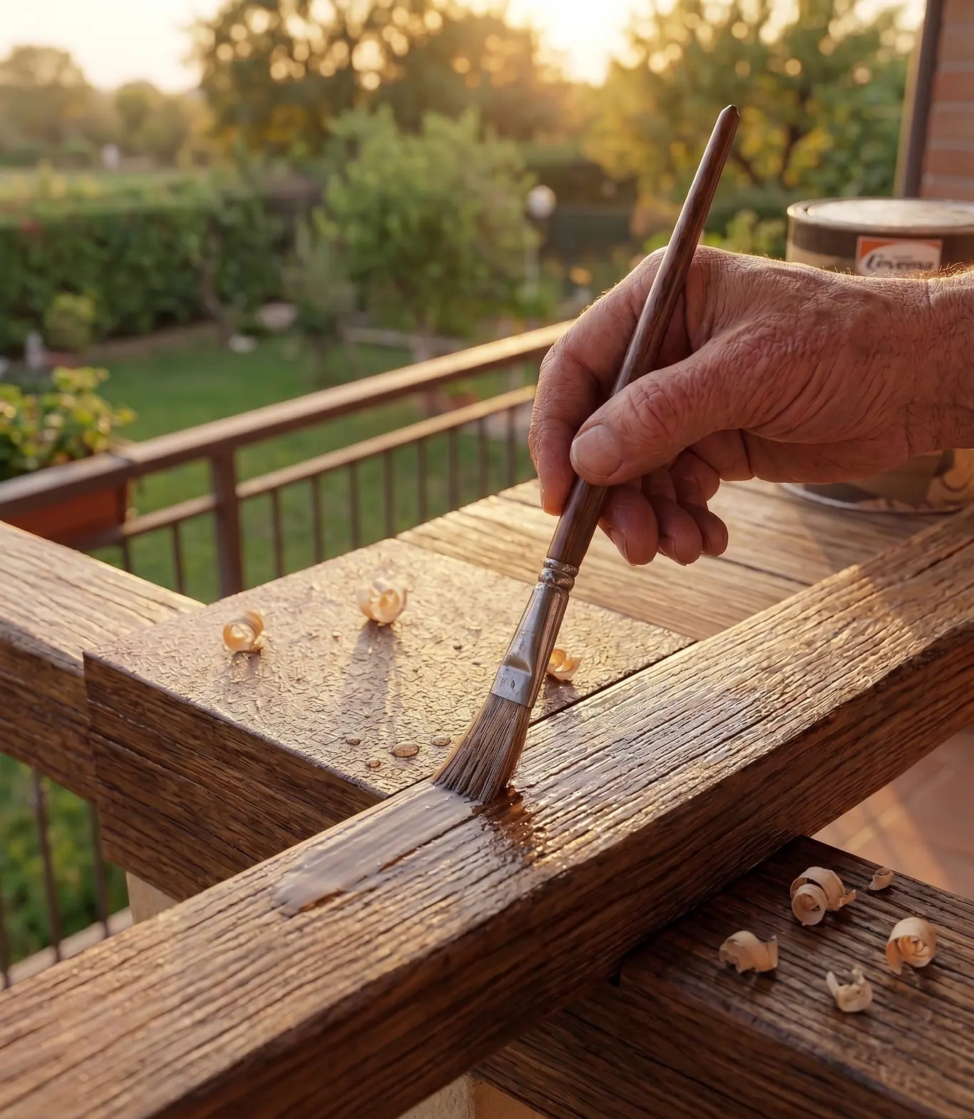 Una mano stende l'impregnante a pennello sul corrimano di una ringhiera in legno, con il giardino illuminato dal sole basso sullo sfondo