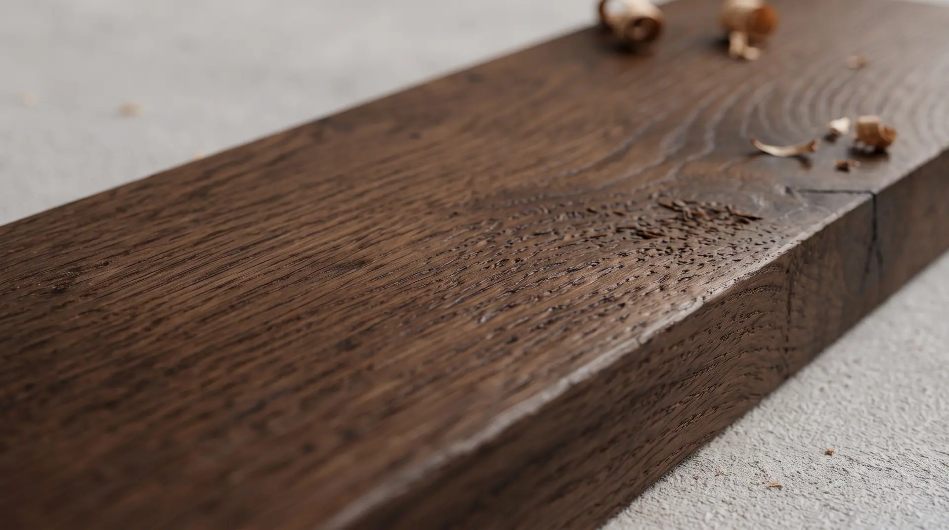 Échantillon de poutre en bois foncé, photographié de biais sur fond neutre
