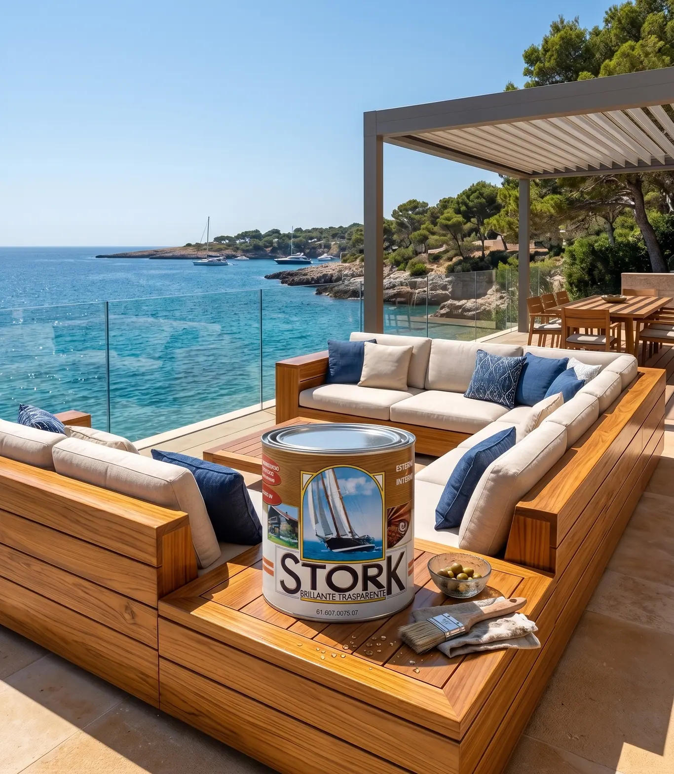 Sala de estar exterior com assentos em madeira num terraço virado para o mar, com a lata de Stork pousada no tampo