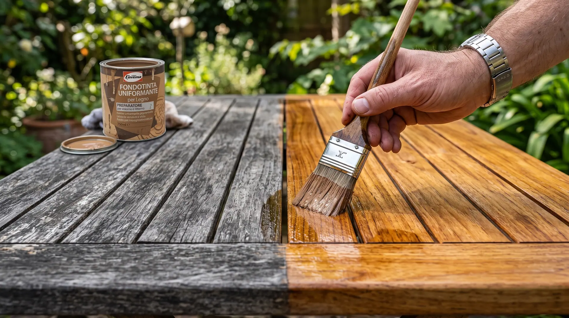 Mesa de jardim tratada até meio: à esquerda as ripas ainda cinzentas, à direita a madeira já renovada, com uma mão que aplica a pincel e a lata ao fundo