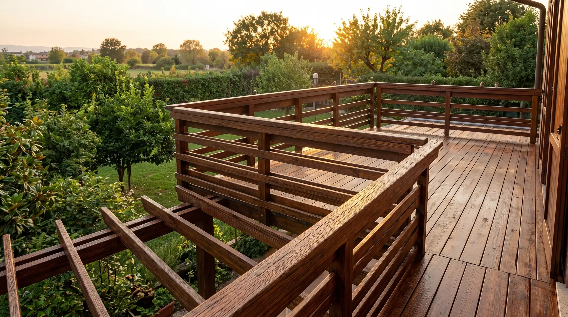 Il terrazzo in legno con la sua ringhiera, trattato e visto per intero al tramonto, affacciato sulla campagna