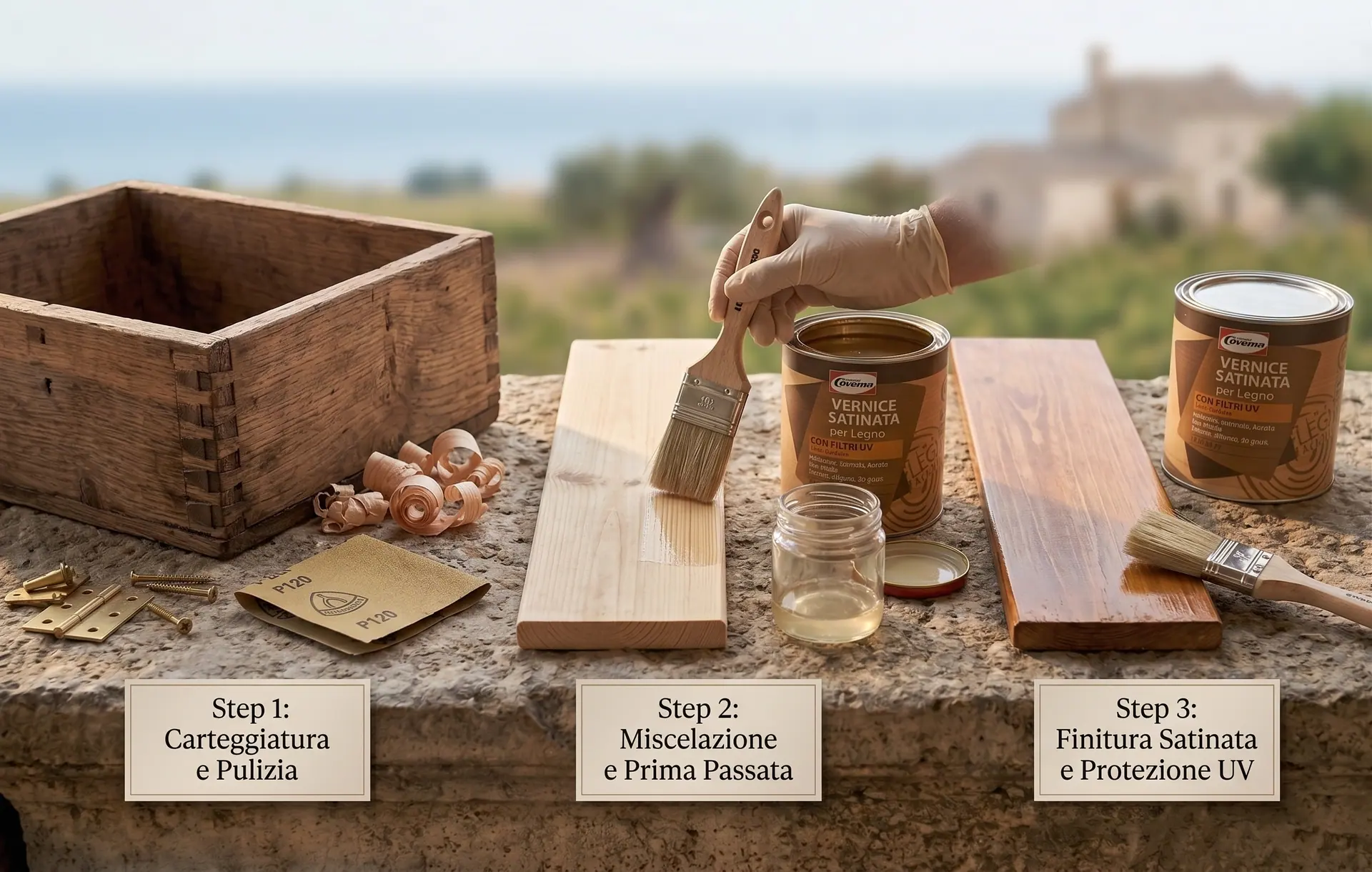 Trittico con le didascalie stampate dentro l'immagine — Step 1: Carteggiatura e Pulizia, Step 2: Miscelazione e Prima Passata, Step 3: Finitura Satinata e Protezione UV